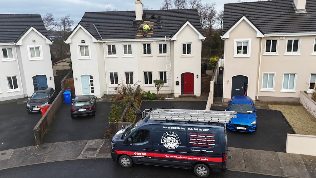 Western Property Solutions van on a housing estate, seen from the drone