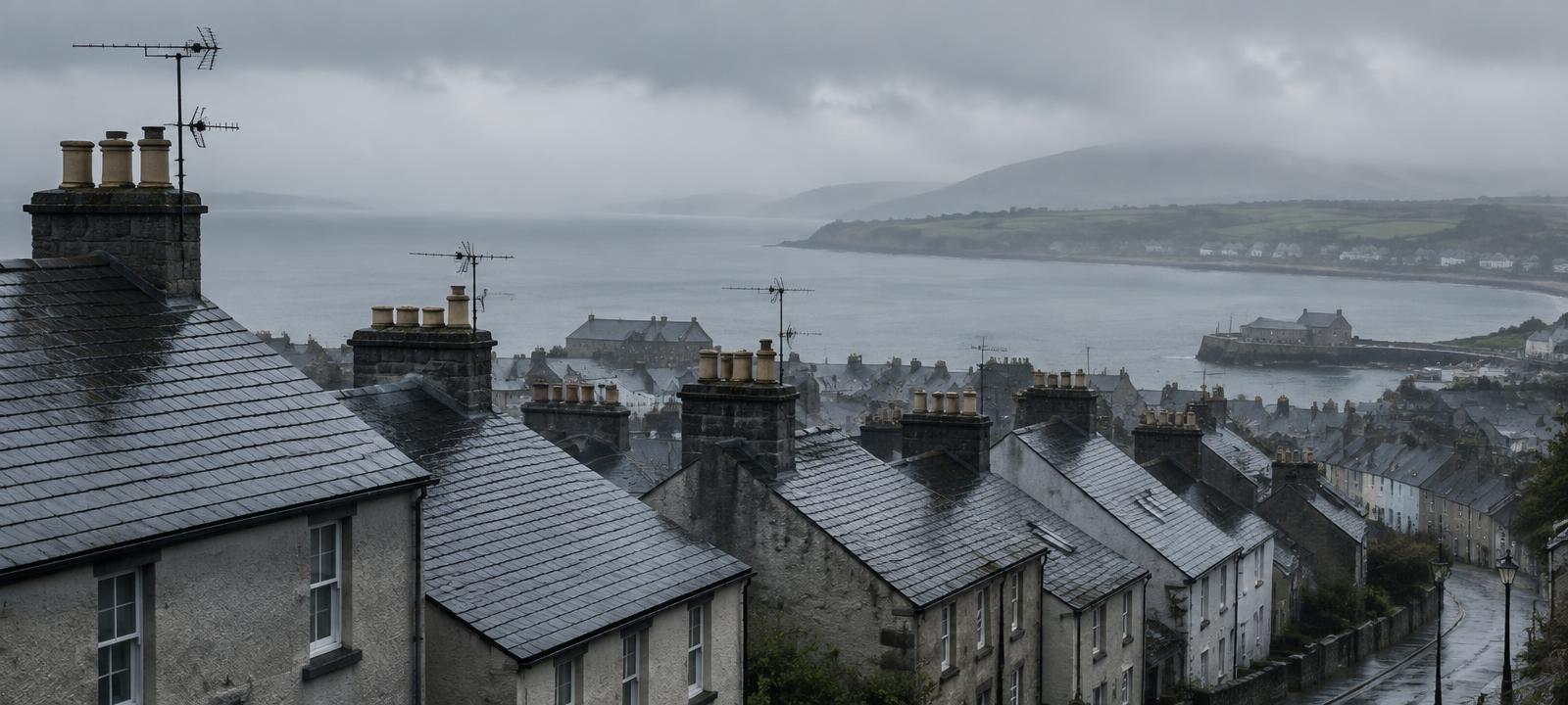 Rooftops of a coastal Irish town on a wet grey afternoon